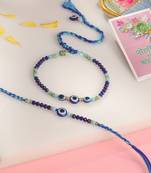 set of 2 blue evil eye artificial beads bhaiya bhabhi rakhi with roli chawal chandan & mishri