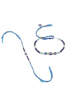 set of 2 blue evil eye artificial beads bhaiya bhabhi rakhi with roli chawal chandan & mishri 2