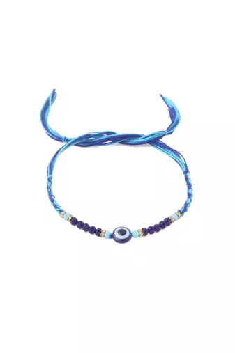 set of 2 blue evil eye artificial beads bhaiya bhabhi rakhi with roli chawal chandan & mishri
