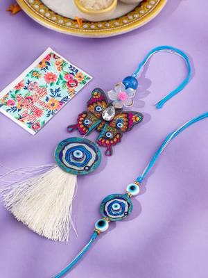 blue evil eye artificial beads set of 2 bhaiya bhabhi rakhi with roli chawal chandan & mishri 1