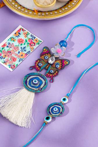 blue evil eye artificial beads set of 2 bhaiya bhabhi rakhi with roli chawal chandan & mishri