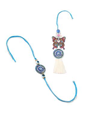 blue evil eye artificial beads set of 2 bhaiya bhabhi rakhi with roli chawal chandan & mishri 2