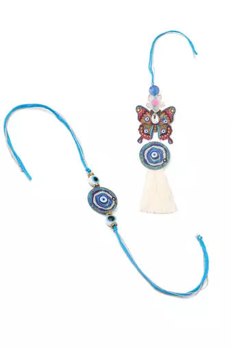 blue evil eye artificial beads set of 2 bhaiya bhabhi rakhi with roli chawal chandan & mishri