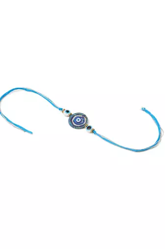 blue evil eye artificial beads set of 2 bhaiya bhabhi rakhi with roli chawal chandan & mishri