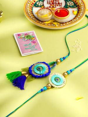 set of 2 multicolor artificial beads bhaiya bhabhi rakhi with roli chawal chandan & mishri 1