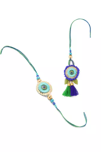 set of 2 multicolor artificial beads bhaiya bhabhi rakhi with roli chawal chandan & mishri