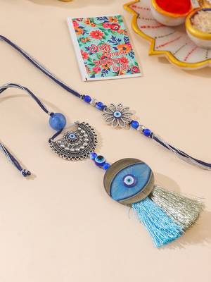 set of 2 blue evil eye artificial beads bhaiya bhabhi rakhi with roli chawal chandan & mishri 1