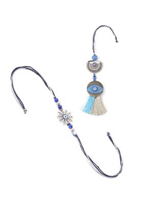 set of 2 blue evil eye artificial beads bhaiya bhabhi rakhi with roli chawal chandan & mishri 2