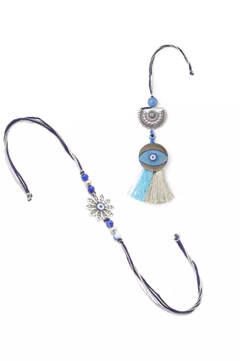 set of 2 blue evil eye artificial beads bhaiya bhabhi rakhi with roli chawal chandan & mishri