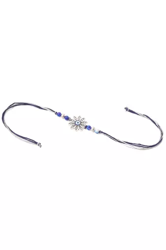 set of 2 blue evil eye artificial beads bhaiya bhabhi rakhi with roli chawal chandan & mishri