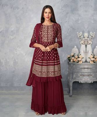 Women's Maroon Color Faux Georgette Embroidered Readymade Kurta Sharara and Dupatta  Set (Full Stitched ) 1