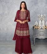 Women's Maroon Color Faux Georgette Embroidered Readymade Kurta Sharara and Dupatta  Set (Full Stitched )