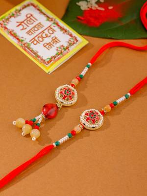 set of 2 red artificial stones and beads bhaiya bhabhi rakhi with roli chawal chandan & mishri 1