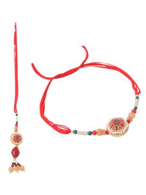 set of 2 red artificial stones and beads bhaiya bhabhi rakhi with roli chawal chandan & mishri 2