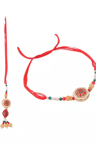 set of 2 red artificial stones and beads bhaiya bhabhi rakhi with roli chawal chandan & mishri