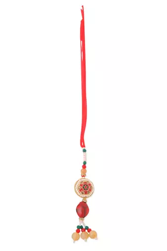 set of 2 red artificial stones and beads bhaiya bhabhi rakhi with roli chawal chandan & mishri