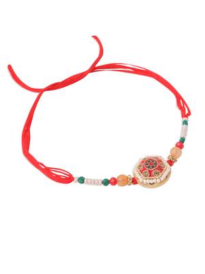 set of 2 red artificial stones and beads bhaiya bhabhi rakhi with roli chawal chandan & mishri 4