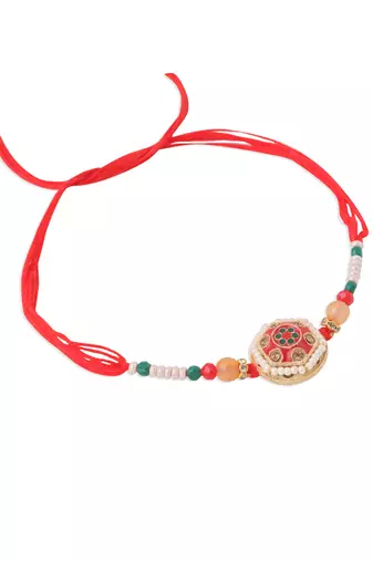 set of 2 red artificial stones and beads bhaiya bhabhi rakhi with roli chawal chandan & mishri