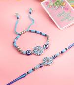 set of 2 blue evil eye floral design bhaiya bhabhi rakhi with roli chawal chandan & mishri