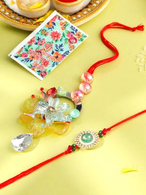 multicolor artificial stones & beads set of 2 bhaiya bhabhi rakhi with roli chawal chandan & mishri 1