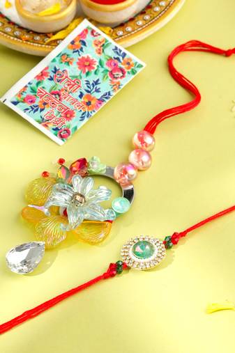 multicolor artificial stones & beads set of 2 bhaiya bhabhi rakhi with roli chawal chandan & mishri