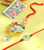 multicolor artificial stones & beads set of 2 bhaiya bhabhi rakhi with roli chawal chandan & mishri