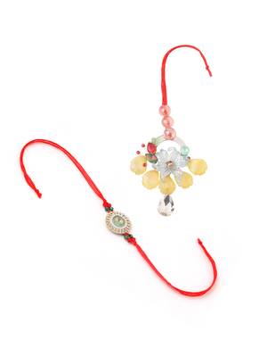 multicolor artificial stones & beads set of 2 bhaiya bhabhi rakhi with roli chawal chandan & mishri 2