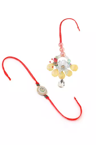 multicolor artificial stones & beads set of 2 bhaiya bhabhi rakhi with roli chawal chandan & mishri