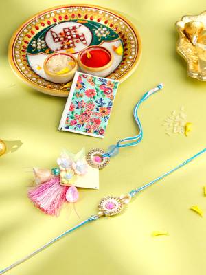 set of 2 multicolor artificial stones & beads floral design bhaiya bhabhi rakhi with roli chawal chandan & mishri 1