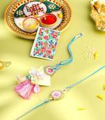 set of 2 multicolor artificial stones & beads floral design bhaiya bhabhi rakhi with roli chawal chandan & mishri