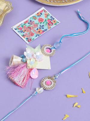 set of 2 multicolor artificial stones & beads floral design bhaiya bhabhi rakhi with roli chawal chandan & mishri 2