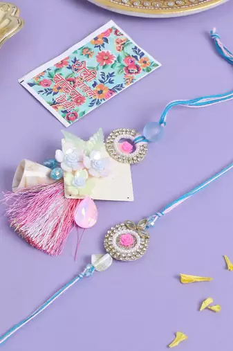 set of 2 multicolor artificial stones & beads floral design bhaiya bhabhi rakhi with roli chawal chandan & mishri