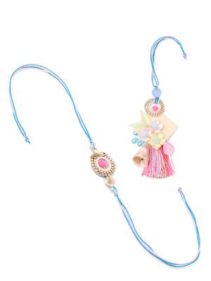 set of 2 multicolor artificial stones & beads floral design bhaiya bhabhi rakhi with roli chawal chandan & mishri 4