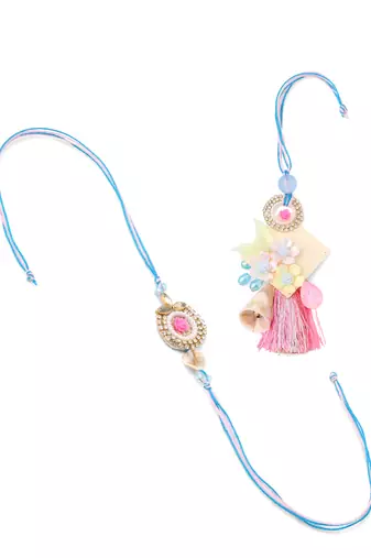 set of 2 multicolor artificial stones & beads floral design bhaiya bhabhi rakhi with roli chawal chandan & mishri