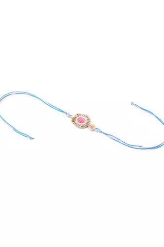 set of 2 multicolor artificial stones & beads floral design bhaiya bhabhi rakhi with roli chawal chandan & mishri