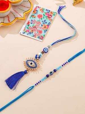 set of 2 blue evil eye artificial stones & beads bhaiya bhabhi rakhi with roli chawal chandan & mishri 1