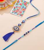 set of 2 blue evil eye artificial stones & beads bhaiya bhabhi rakhi with roli chawal chandan & mishri