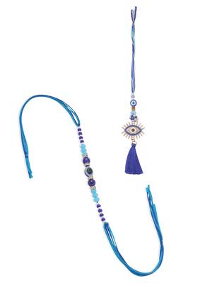 set of 2 blue evil eye artificial stones & beads bhaiya bhabhi rakhi with roli chawal chandan & mishri 2