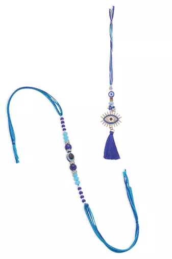 set of 2 blue evil eye artificial stones & beads bhaiya bhabhi rakhi with roli chawal chandan & mishri