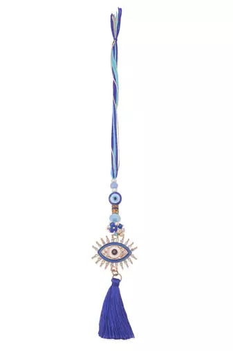 set of 2 blue evil eye artificial stones & beads bhaiya bhabhi rakhi with roli chawal chandan & mishri