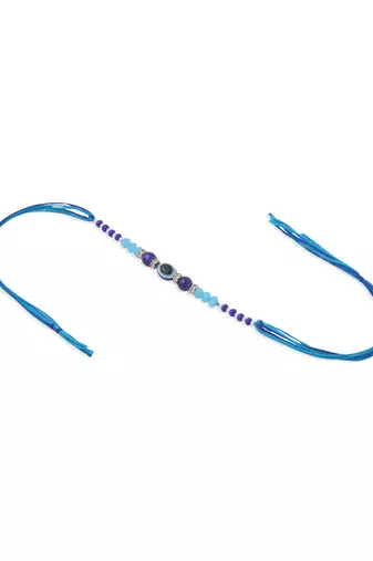 set of 2 blue evil eye artificial stones & beads bhaiya bhabhi rakhi with roli chawal chandan & mishri