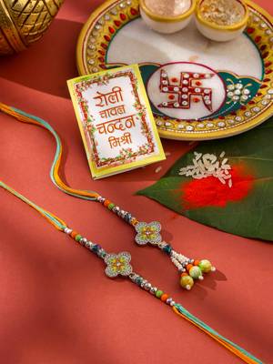 set of 2 multicolor artificial stones & beads floral bhaiya bhabhi rakhi with roli chawal chandan & mishri 1