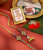 set of 2 multicolor artificial stones & beads floral bhaiya bhabhi rakhi with roli chawal chandan & mishri