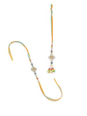 set of 2 multicolor artificial stones & beads floral bhaiya bhabhi rakhi with roli chawal chandan & mishri 2