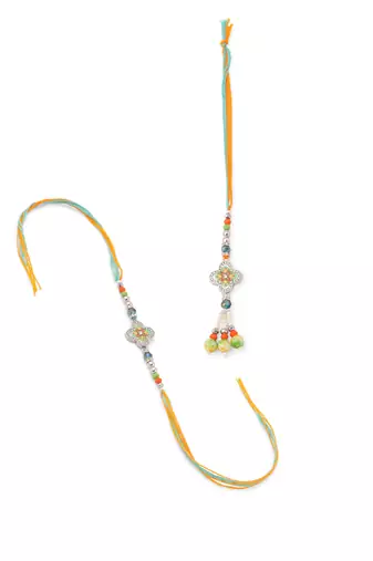 set of 2 multicolor artificial stones & beads floral bhaiya bhabhi rakhi with roli chawal chandan & mishri