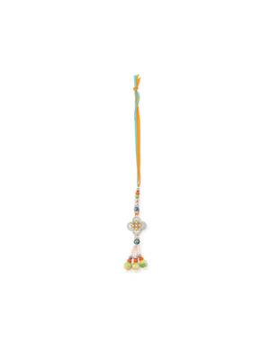 set of 2 multicolor artificial stones & beads floral bhaiya bhabhi rakhi with roli chawal chandan & mishri 3