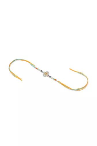 set of 2 multicolor artificial stones & beads floral bhaiya bhabhi rakhi with roli chawal chandan & mishri