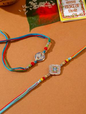 men set of 2 multicolor artificial stones thread rakhi with roli chawal chandan & mishri 1