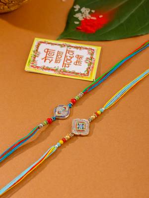 men set of 2 multicolor artificial stones thread rakhi with roli chawal chandan & mishri 2