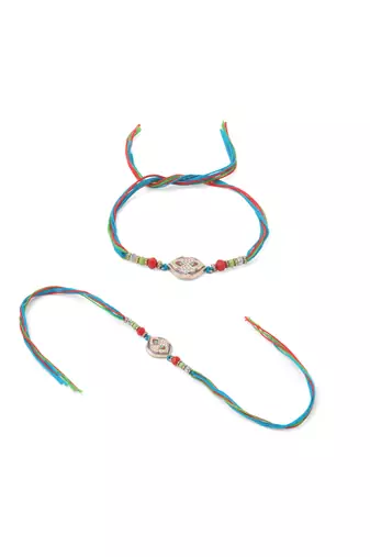 men set of 2 multicolor artificial stones thread rakhi with roli chawal chandan & mishri